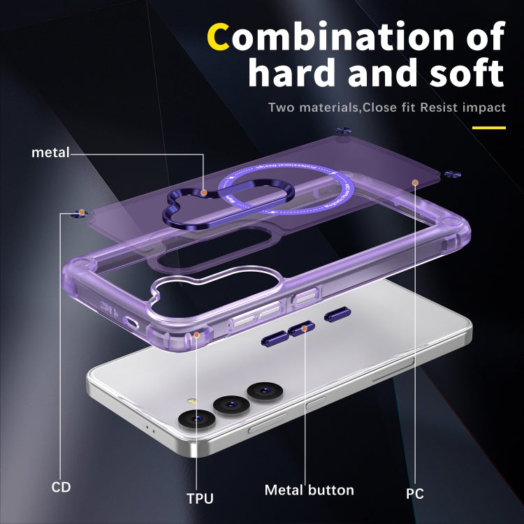 Samsung Galaxy S24 5G case made of TPU and PC, featuring a MagSafe magnetic charging design with an electroplated alloy frame for lens protection.